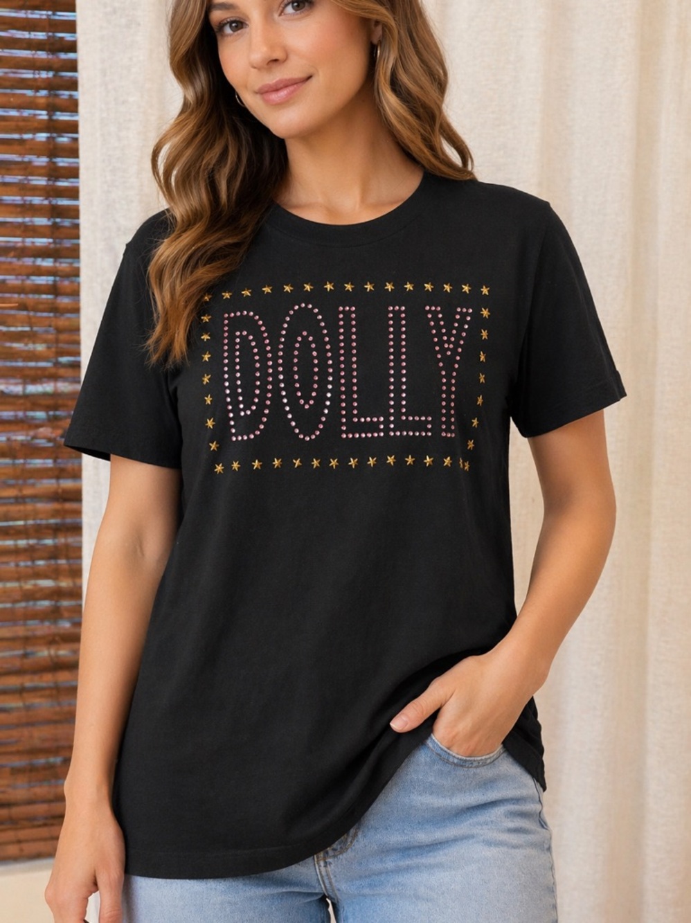 Women’s Black 'DOLLY' Rhinestone Tee - Picture 2 of 3